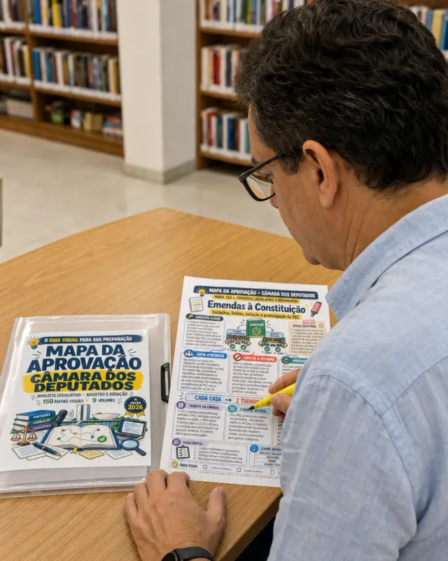 Cena ilustrativa: homem destacando o mapa impresso de Emendas à Constituição na biblioteca