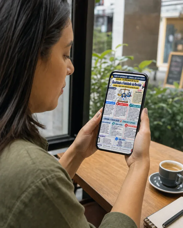 Cena ilustrativa: mulher lendo o mapa de Fidelidade da Revisão no celular, numa pausa no café