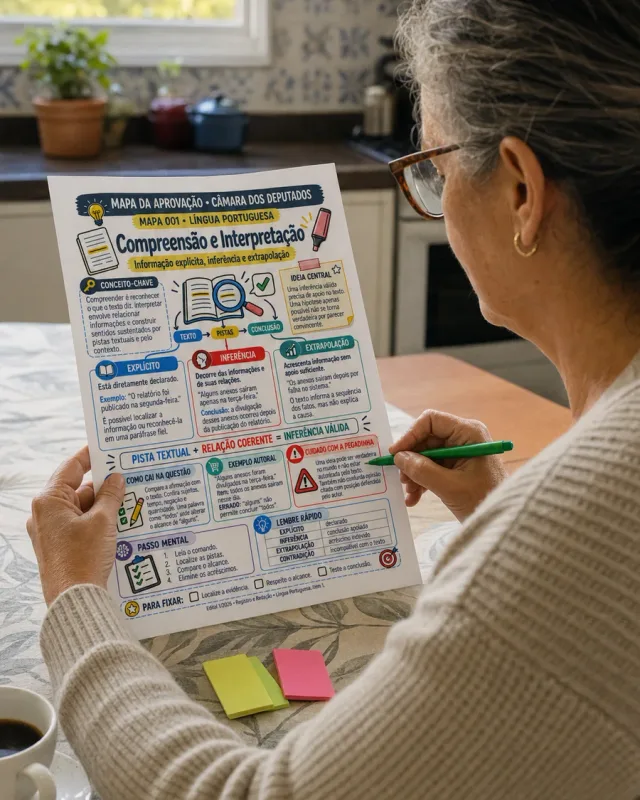 Cena ilustrativa: mulher sublinhando o mapa impresso de Compreensão e Interpretação de manhã