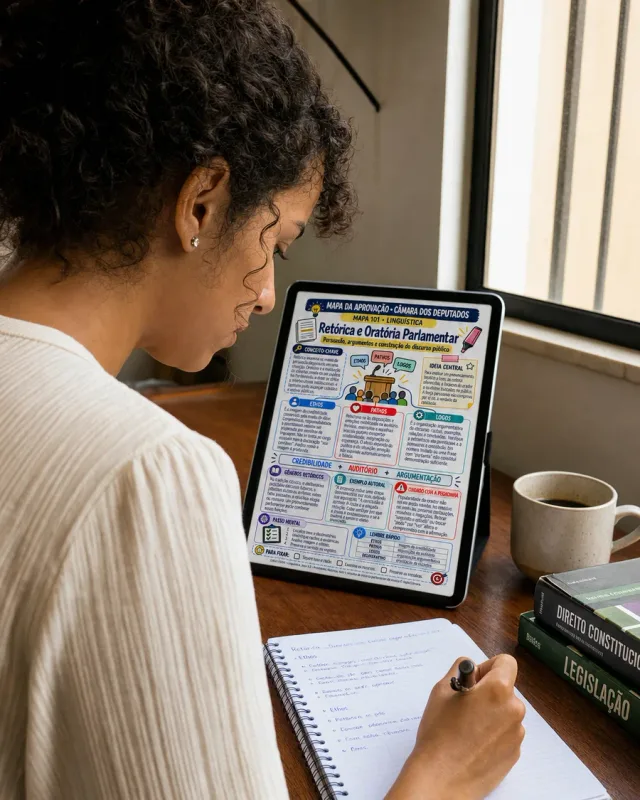 Cena ilustrativa: mulher estudando o mapa de Retórica e Oratória Parlamentar no tablet e anotando