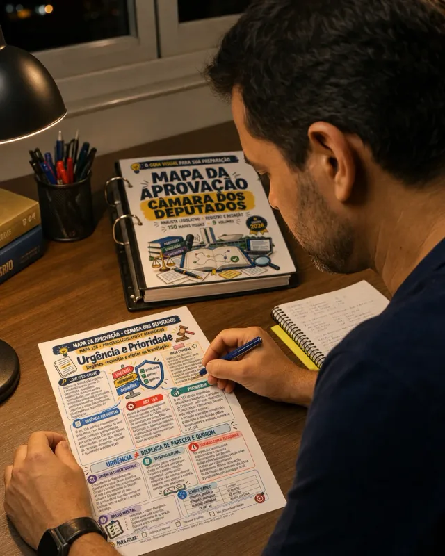 Cena ilustrativa: homem marcando o mapa impresso de Urgência e Prioridade depois do trabalho